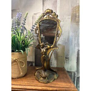 Vintage Art Nouveau Brass Vanity Table Mirror Lady Nymph Maiden Figural